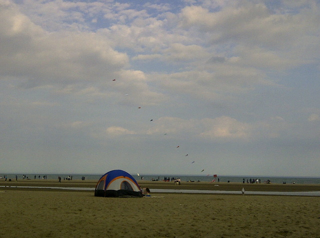 Kites and tent at Woodbine Beach, Victoria Day 2011