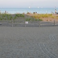 Kew Beach -- Unexpected elevation on the beach, with dune ecosystem project @TRCA_HQ to curb shoreline erosion and provide a habitat for shoreline waterfowl.  Sand south of the boardwalk, fenced mound, and then sand beyond to Lake Ontario.  Unaccustomed to seeing girls in bikinis in the urban setting.  (Kew Beach, Eastern Waterfront, Toronto, Ontario) 20210805