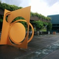 Orange sculpture on west plaza outside IBM Almaden shows up on rare drizzly day in the south peninsula. (San Jose, CA) 20140425