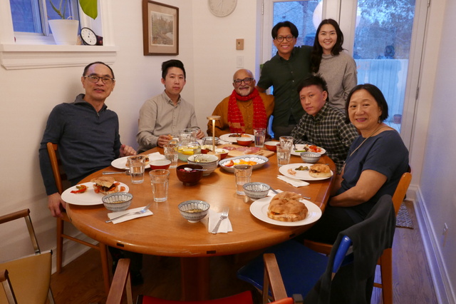 Family dinner including god-uncles who have seen our sons grow up from infancy. Cross-cultural experience, comparing journeys in travels to Asia. Invitation was extended twice, due to inconvenient minor illnesses conflicting with plans. (Pape Village, Broadview Avenue, Toronto, Ontario) 20250320 P1070850.JPG