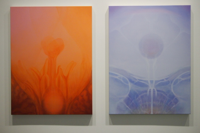 Diptych Veronique Gauthier (2023-2024) Inherente, Exuvie oil on canvas. Needed translation from Latin for exuviae, that are the remains of an exoskeleton after insects, crustaceans and arachnids have molted. Part of the Open Passage 2025 exhibition, of graduates of the Bachelor of Visual and Media Arts program at UQAM. (Galerie de la Université du Québec à Montréal, Pavillon Judith-Jasmin, Rue Berri, Montréal, Quebec) 20250426
DI260430.JPG